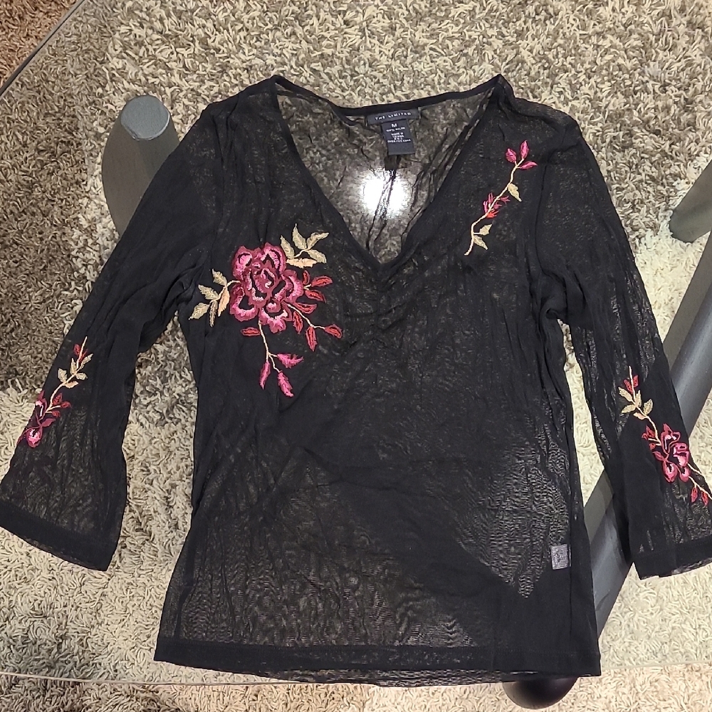 The Limited Black Mesh Blouse with Pink Floral Embroidery